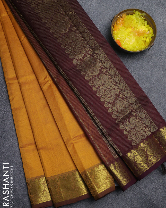 Silk cotton saree mustard yellow and coffee brown with allover vairaosi pattern and annam zari woven border