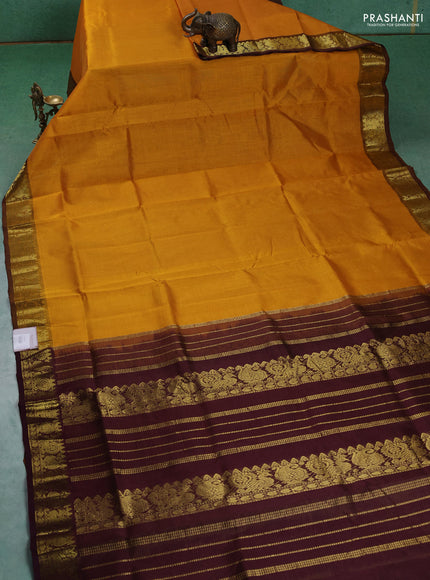 Silk cotton saree mustard yellow and coffee brown with allover vairaosi pattern and annam zari woven border