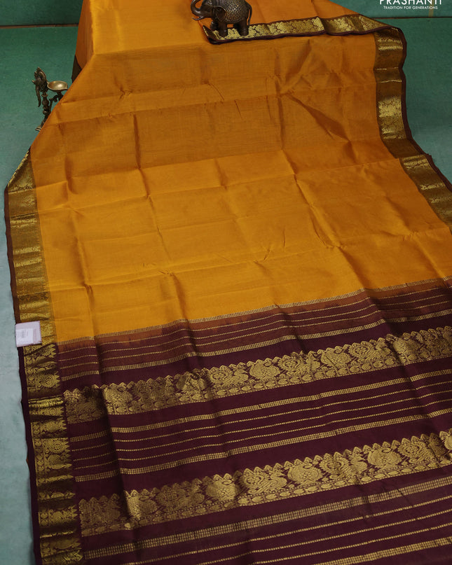 Silk cotton saree mustard yellow and coffee brown with allover vairaosi pattern and annam zari woven border