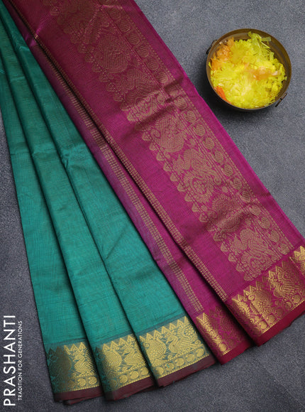 Silk cotton saree teal green and purple with allover vairaosi pattern and annam zari woven border