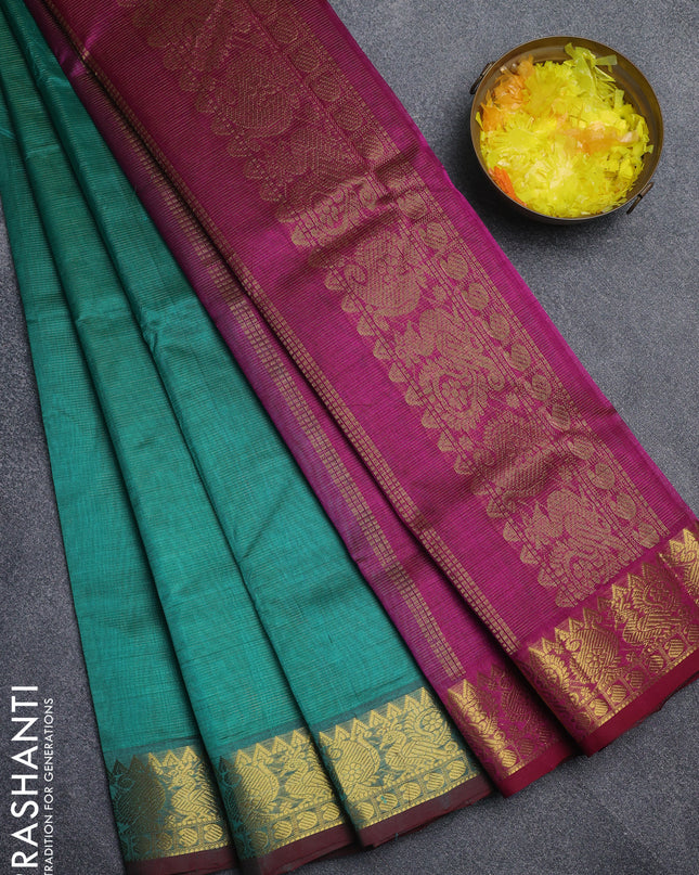 Silk cotton saree teal green and purple with allover vairaosi pattern and annam zari woven border