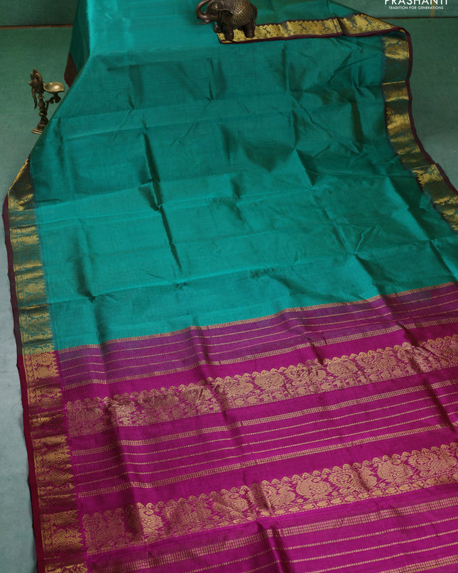 Silk cotton saree teal green and purple with allover vairaosi pattern and annam zari woven border