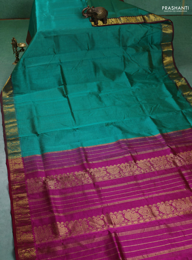 Silk cotton saree teal green and purple with allover vairaosi pattern and annam zari woven border
