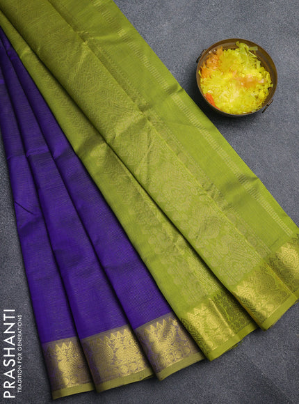 Silk cotton saree blue and lime green with allover vairaosi pattern and annam zari woven border