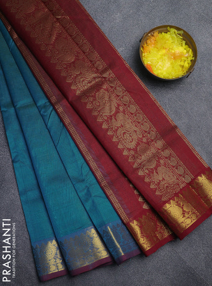Silk cotton saree teal blue and maroon with allover vairaosi pattern and annam zari woven border