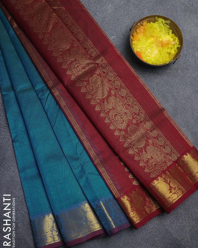 Silk cotton saree teal blue and maroon with allover vairaosi pattern and annam zari woven border