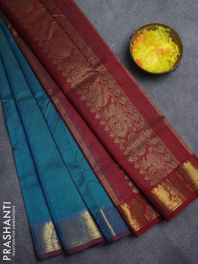 Silk cotton saree teal blue and maroon with allover vairaosi pattern and annam zari woven border