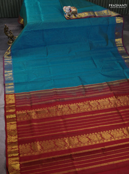 Silk cotton saree teal blue and maroon with allover vairaosi pattern and annam zari woven border