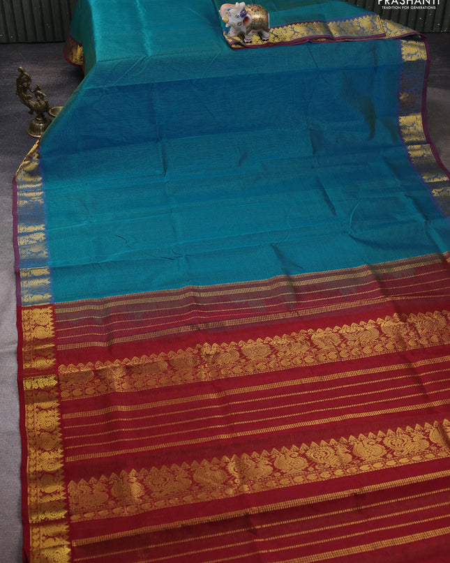 Silk cotton saree teal blue and maroon with allover vairaosi pattern and annam zari woven border