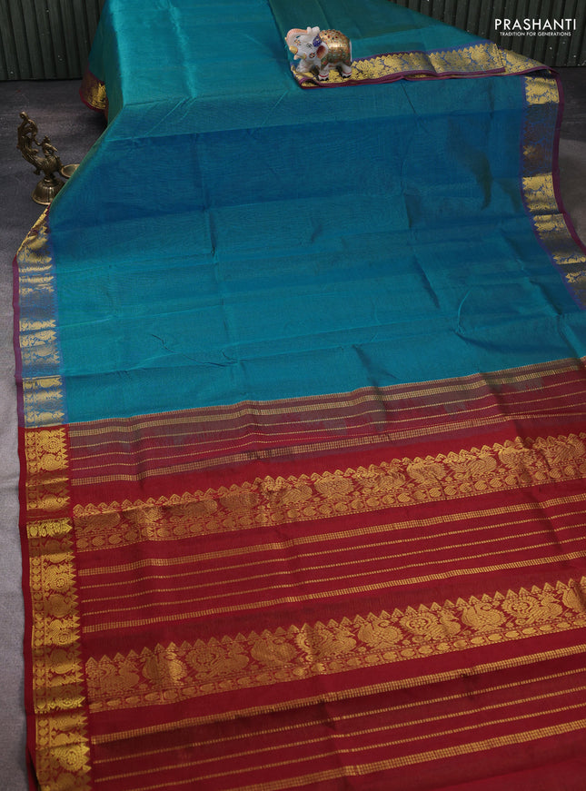 Silk cotton saree teal blue and maroon with allover vairaosi pattern and annam zari woven border