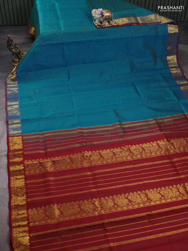 Silk cotton saree teal blue and maroon with allover vairaosi pattern and annam zari woven border
