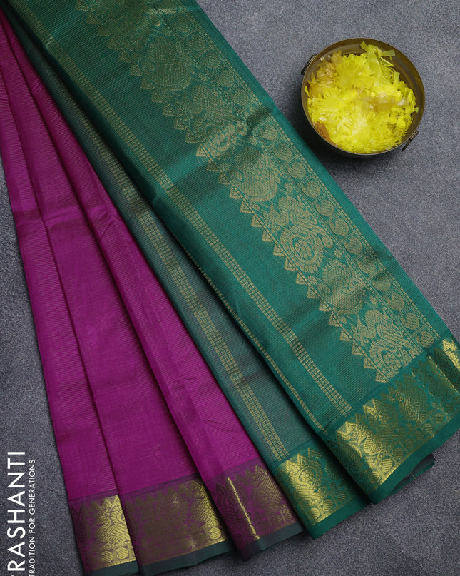 Silk cotton saree pink and green with allover vairaosi pattern and annam zari woven border