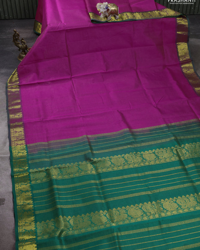 Silk cotton saree pink and green with allover vairaosi pattern and annam zari woven border