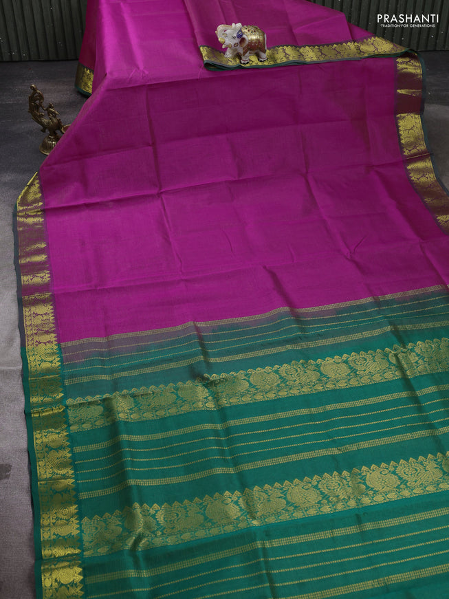 Silk cotton saree pink and green with allover vairaosi pattern and annam zari woven border