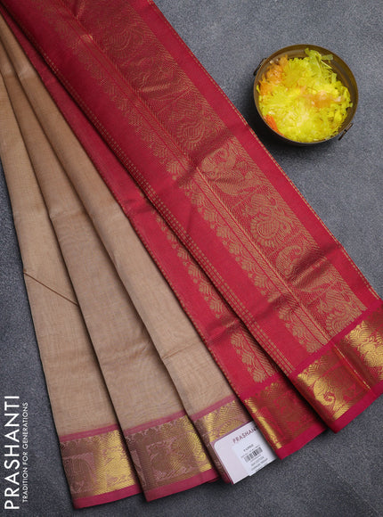 Silk cotton saree sandal and pink with allover vairaosi pattern and annam & elephant zari woven border