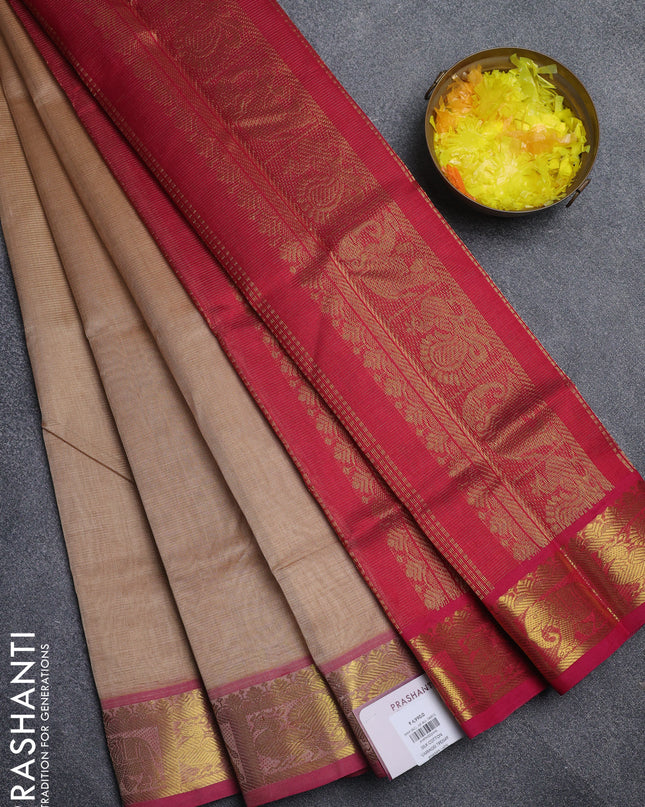 Silk cotton saree sandal and pink with allover vairaosi pattern and annam & elephant zari woven border
