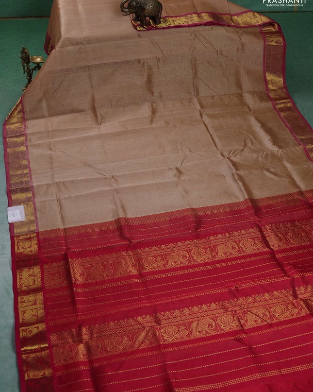 Silk cotton saree sandal and pink with allover vairaosi pattern and annam & elephant zari woven border