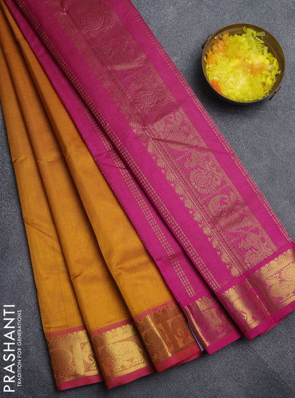 Silk cotton saree mustard yellow and pink with allover vairaosi pattern and annam & elephant zari woven border