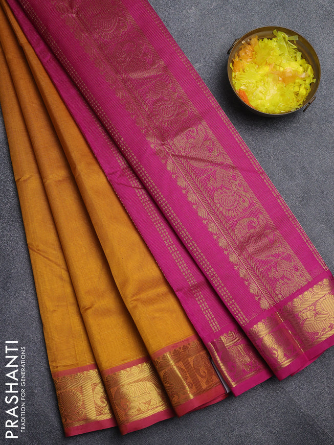 Silk cotton saree mustard yellow and pink with allover vairaosi pattern and annam & elephant zari woven border