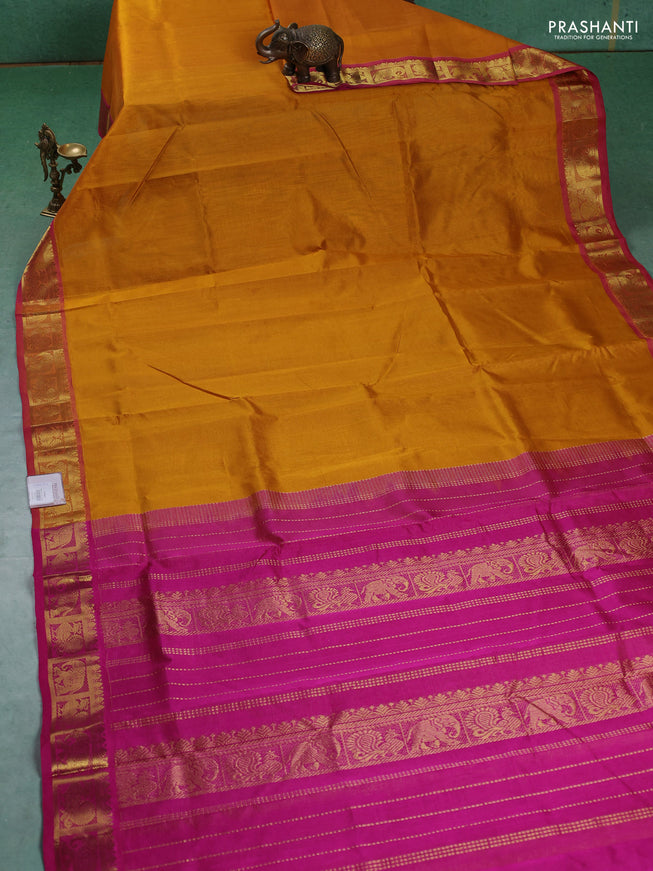 Silk cotton saree mustard yellow and pink with allover vairaosi pattern and annam & elephant zari woven border