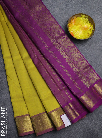 Silk cotton saree lime yellow and purple with allover vairaosi pattern and annam & elephant zari woven border