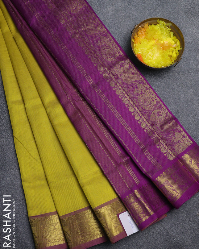 Silk cotton saree lime yellow and purple with allover vairaosi pattern and annam & elephant zari woven border
