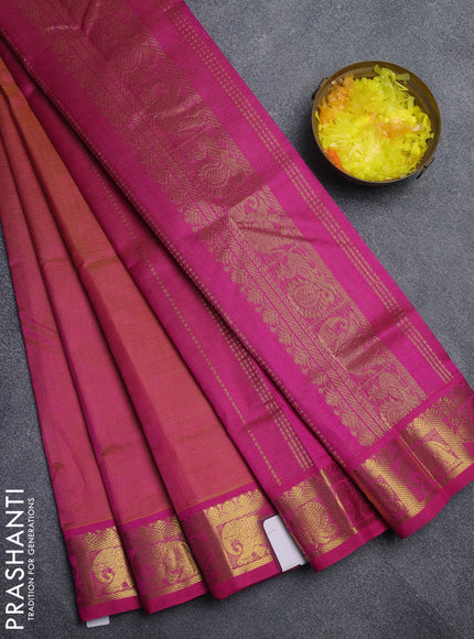Silk cotton saree dual shade of yellow and pink with allover vairaosi pattern and annam & elephant zari woven border
