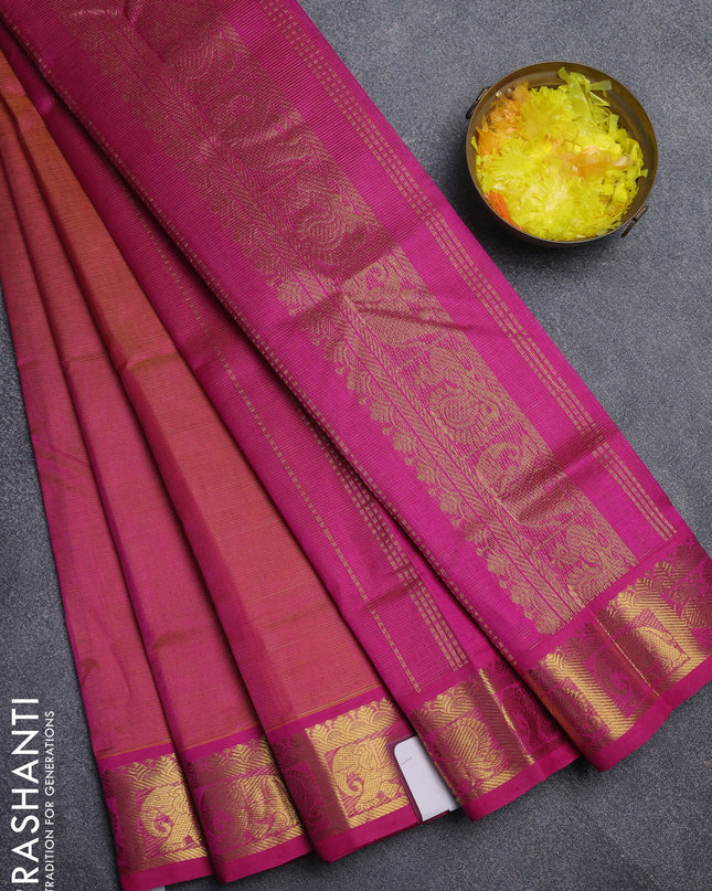 Silk cotton saree dual shade of yellow and pink with allover vairaosi pattern and annam & elephant zari woven border