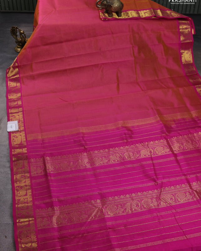 Silk cotton saree dual shade of yellow and pink with allover vairaosi pattern and annam & elephant zari woven border