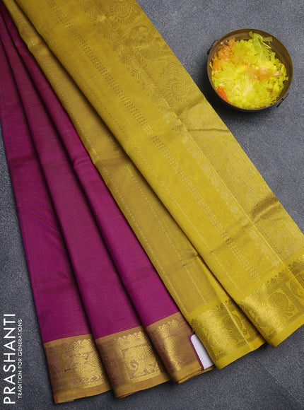 Silk cotton saree purple and mustard yellow with allover vairaosi pattern and annam & elephant zari woven border
