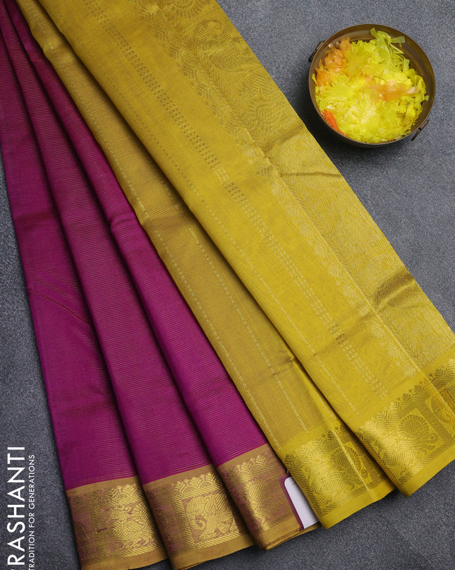 Silk cotton saree purple and mustard yellow with allover vairaosi pattern and annam & elephant zari woven border