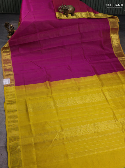 Silk cotton saree purple and mustard yellow with allover vairaosi pattern and annam & elephant zari woven border