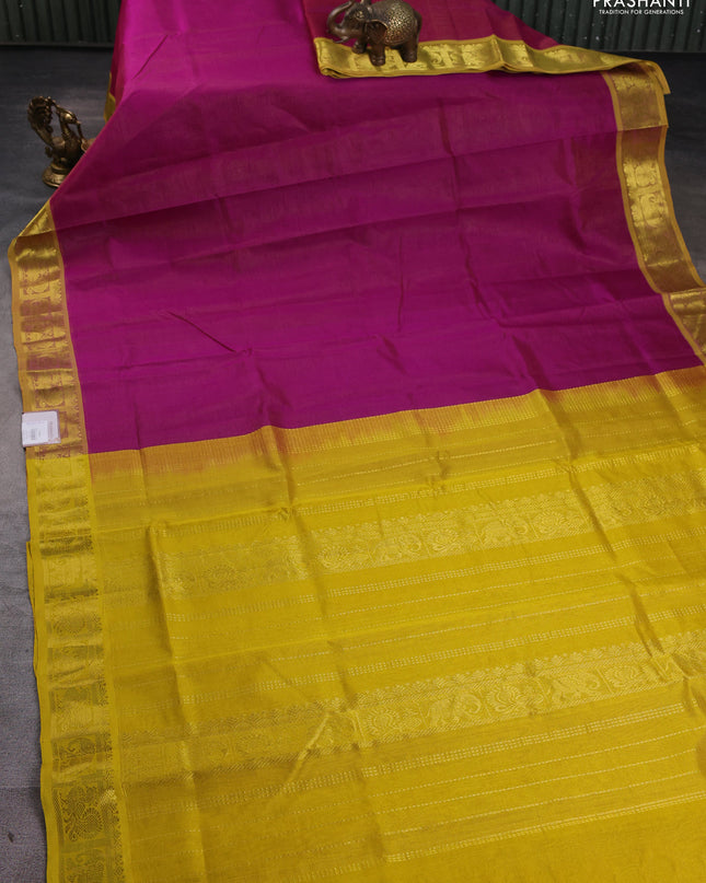 Silk cotton saree purple and mustard yellow with allover vairaosi pattern and annam & elephant zari woven border