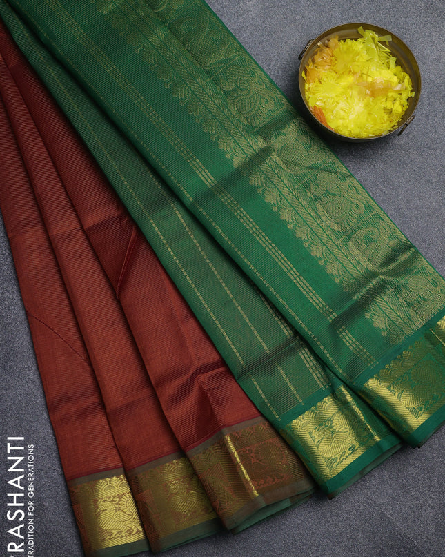 Silk cotton saree rust and green with allover vairaosi pattern and annam & elephant zari woven border