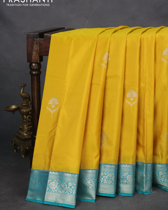 Bangalori silk saree yellow with teal green with zari woven floral buttas and zari woven border