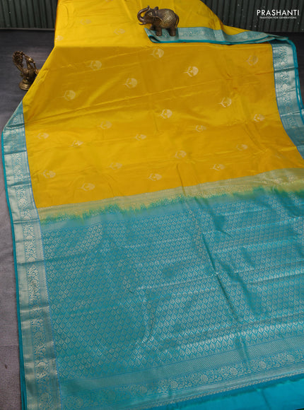 Bangalori silk saree yellow with teal green with zari woven floral buttas and zari woven border