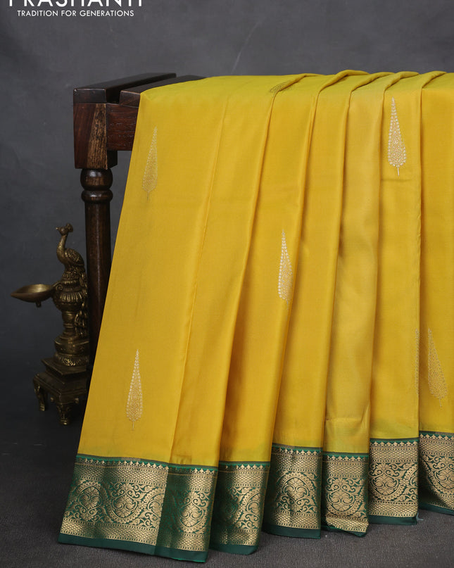Bangalori silk saree yellow with green with zari woven buttas and zari woven border