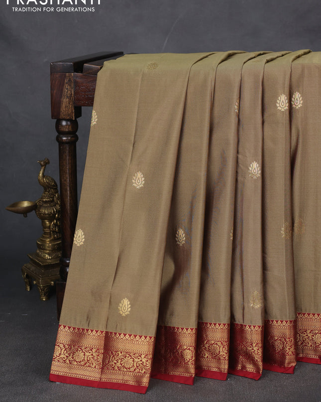 Bangalori silk saree chikku shade with maroon with zari woven buttas and zari woven border