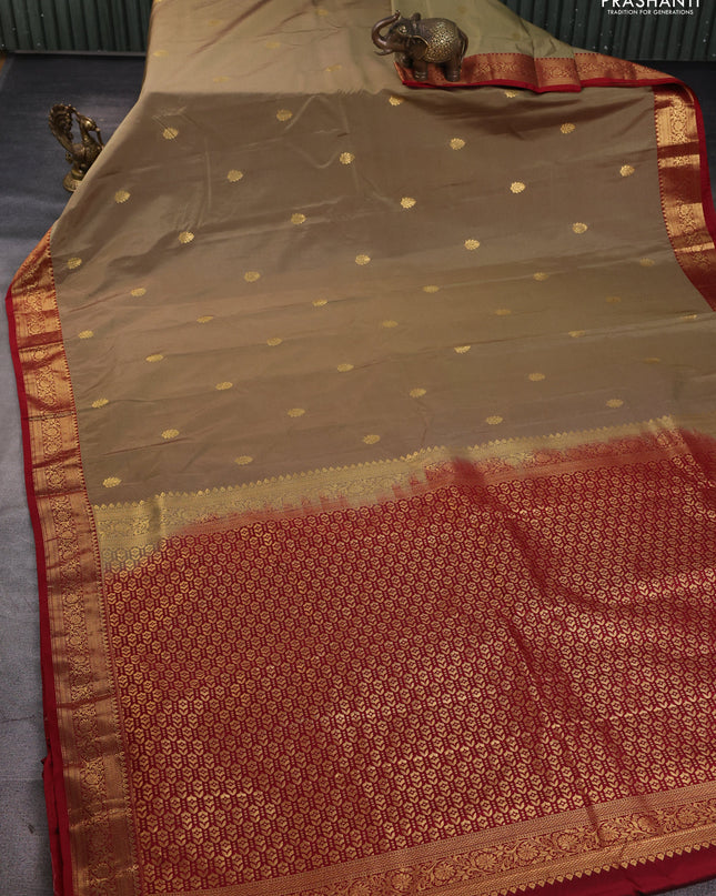 Bangalori silk saree chikku shade with maroon with zari woven buttas and zari woven border