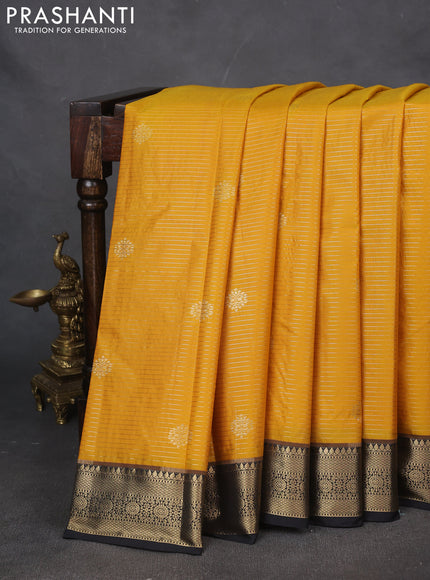 Bangalori silk saree mango yellow with black with allover zari woven stripes pattern and zari woven border