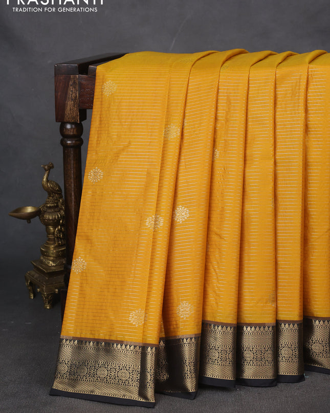 Bangalori silk saree mango yellow with black with allover zari woven stripes pattern and zari woven border