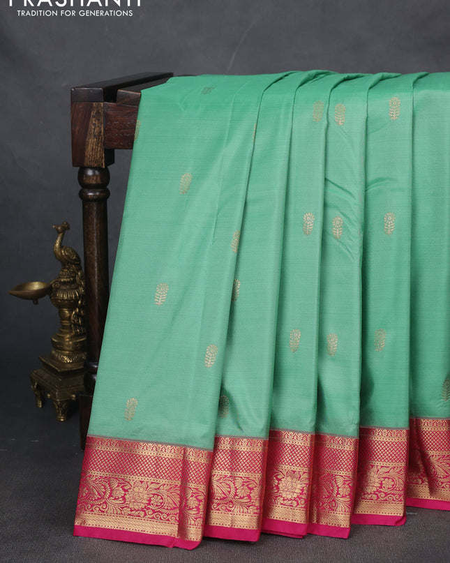 Bangalori silk saree teal green with pink with zari woven buttas and zari woven border