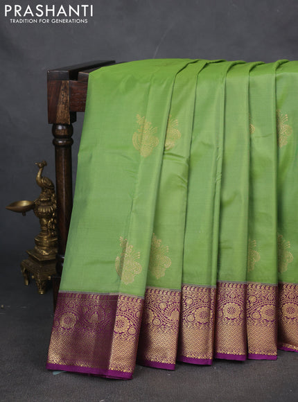 Bangalori silk saree light green with purple with zari woven buttas and zari woven border
