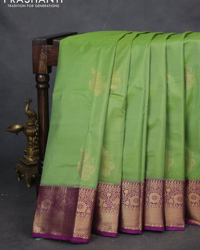 Bangalori silk saree light green with purple with zari woven buttas and zari woven border