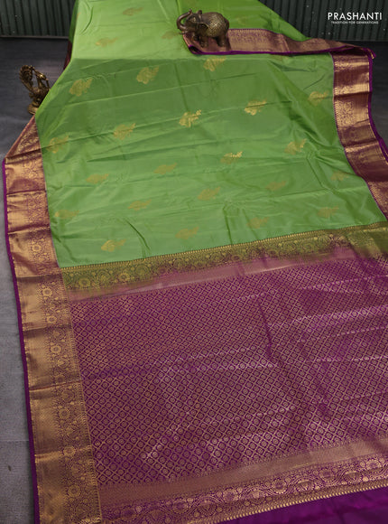 Bangalori silk saree light green with purple with zari woven buttas and zari woven border