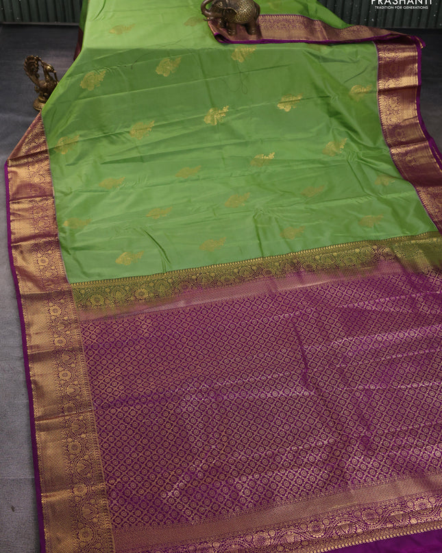 Bangalori silk saree light green with purple with zari woven buttas and zari woven border