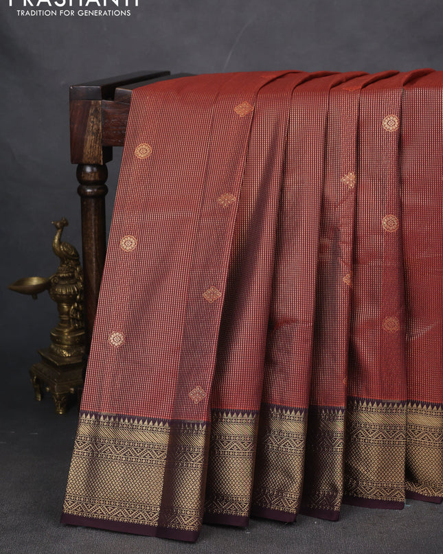 Bangalori silk saree rust shade with wine shade with allover zari woven stripes pattern and zari woven border