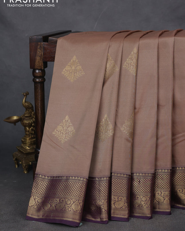 Bangalori silk saree beige with violet with zari woven buttas and zari woven border