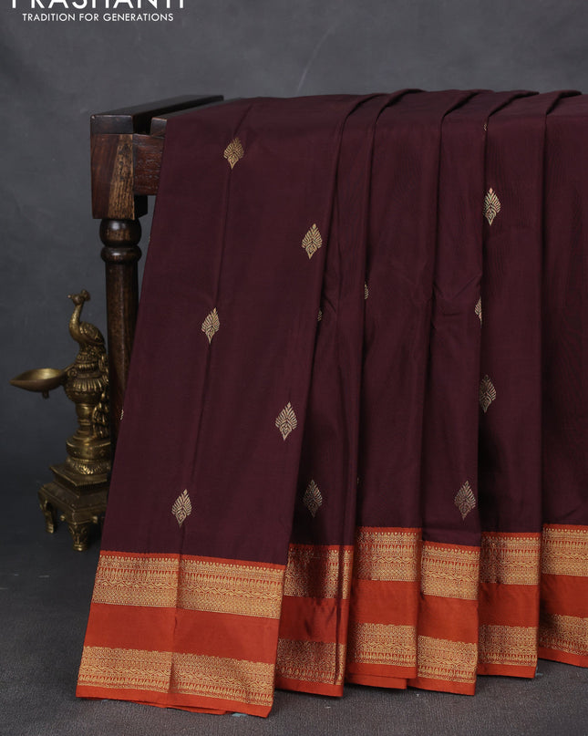 Bangalori silk saree deep maroon and rustic orange with zari woven buttas and rettapet zari woven border
