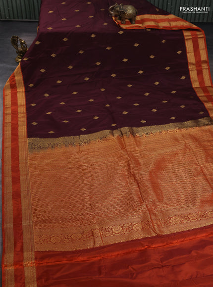 Bangalori silk saree deep maroon and rustic orange with zari woven buttas and rettapet zari woven border